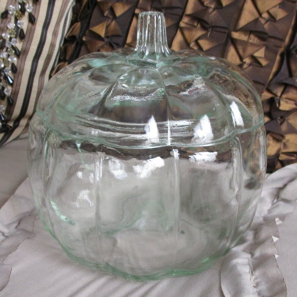 clear molded glass pumpkin treat jar